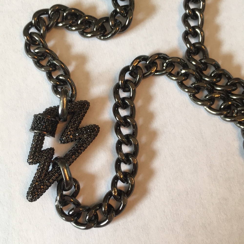 Gunmetal chain with black CZ lightning bolt clasp